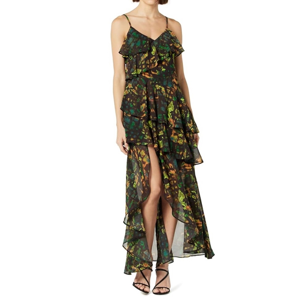 THE DROP RUFFLE TIERED MAXI MULTI ABSTRACT PRINT DRESS‎ SIZE XXS